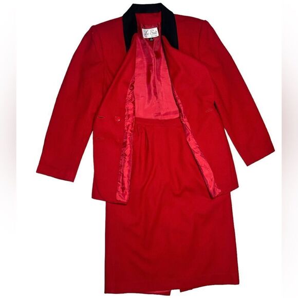 Le Suit Red Skirt Suit Set Matching Blazer Double Breasted Skirt with Pockets - Picture 4 of 16